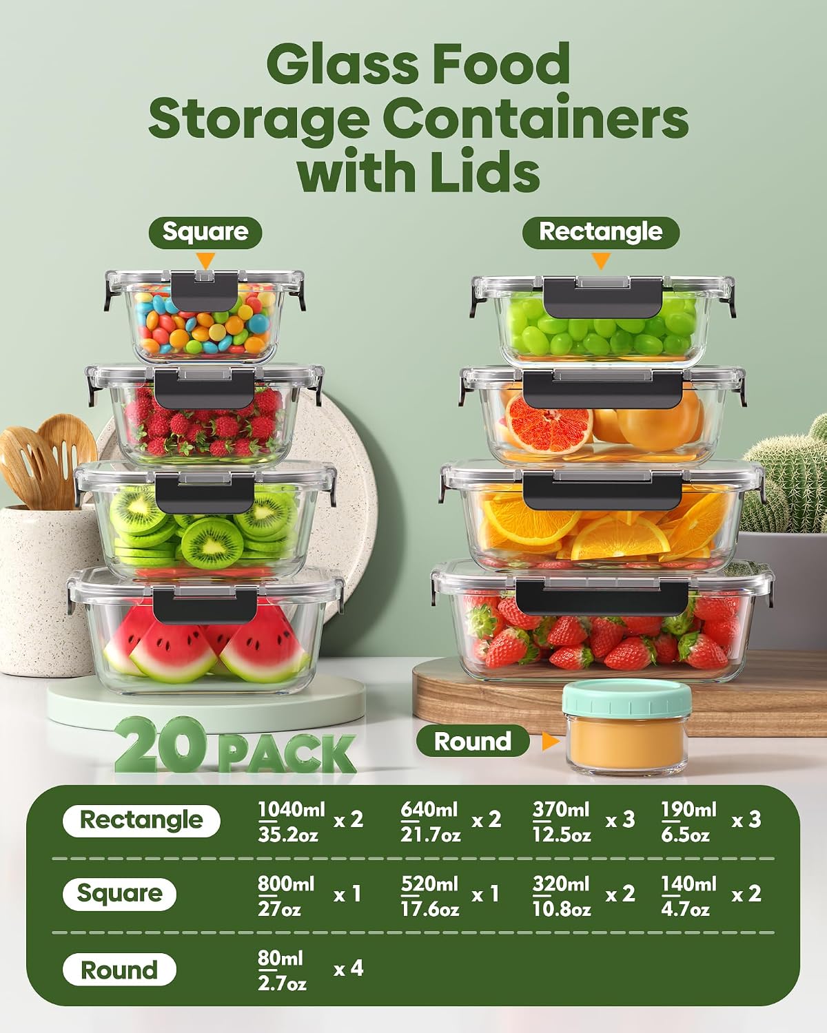 KEMETHY 40 PCS Glass Food Storage Containers with Lids