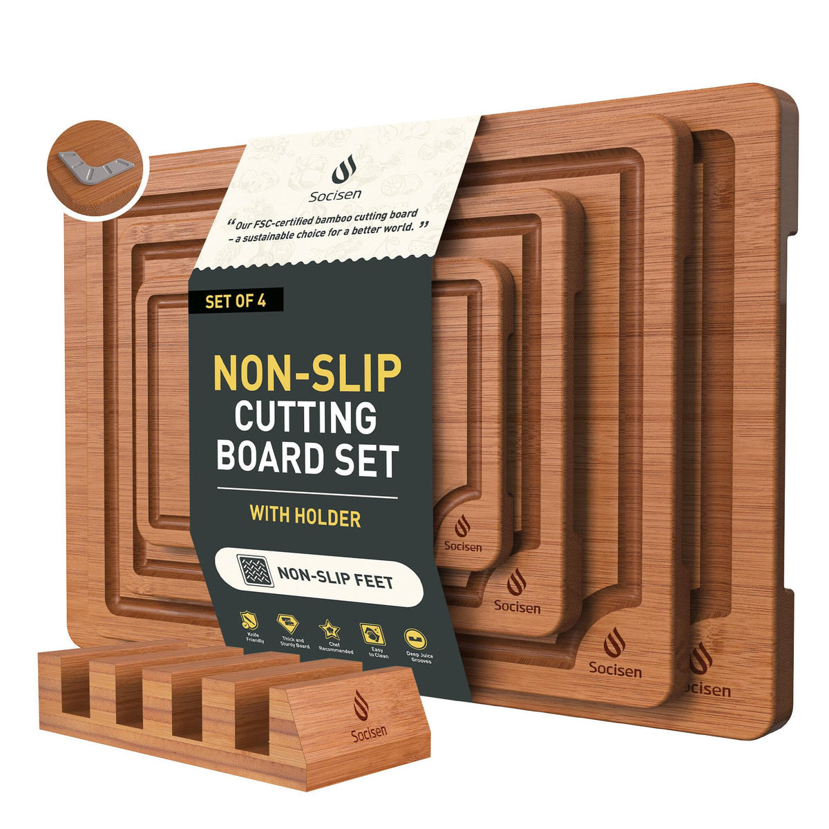 3 Packs Bamboo Cutting Board Set with Non Slip Feet Holder and Over Sink Nice Solid Thick Wood Juice Groove Chopping Board Extra Large Big Small Best Hardwood Kitchen Organic Vegetable Meat BBQ Kit