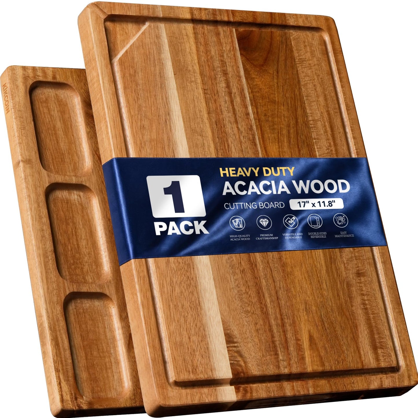 Kikcoin Acacia Wood Cutting Board Set of 3, Wooden Cutting Boards for Kitchen with Deep Juice Grooves, Butcher Block Wooden Chopping Board for Meat, Large Solid Charcuterie Boards Serving Tray