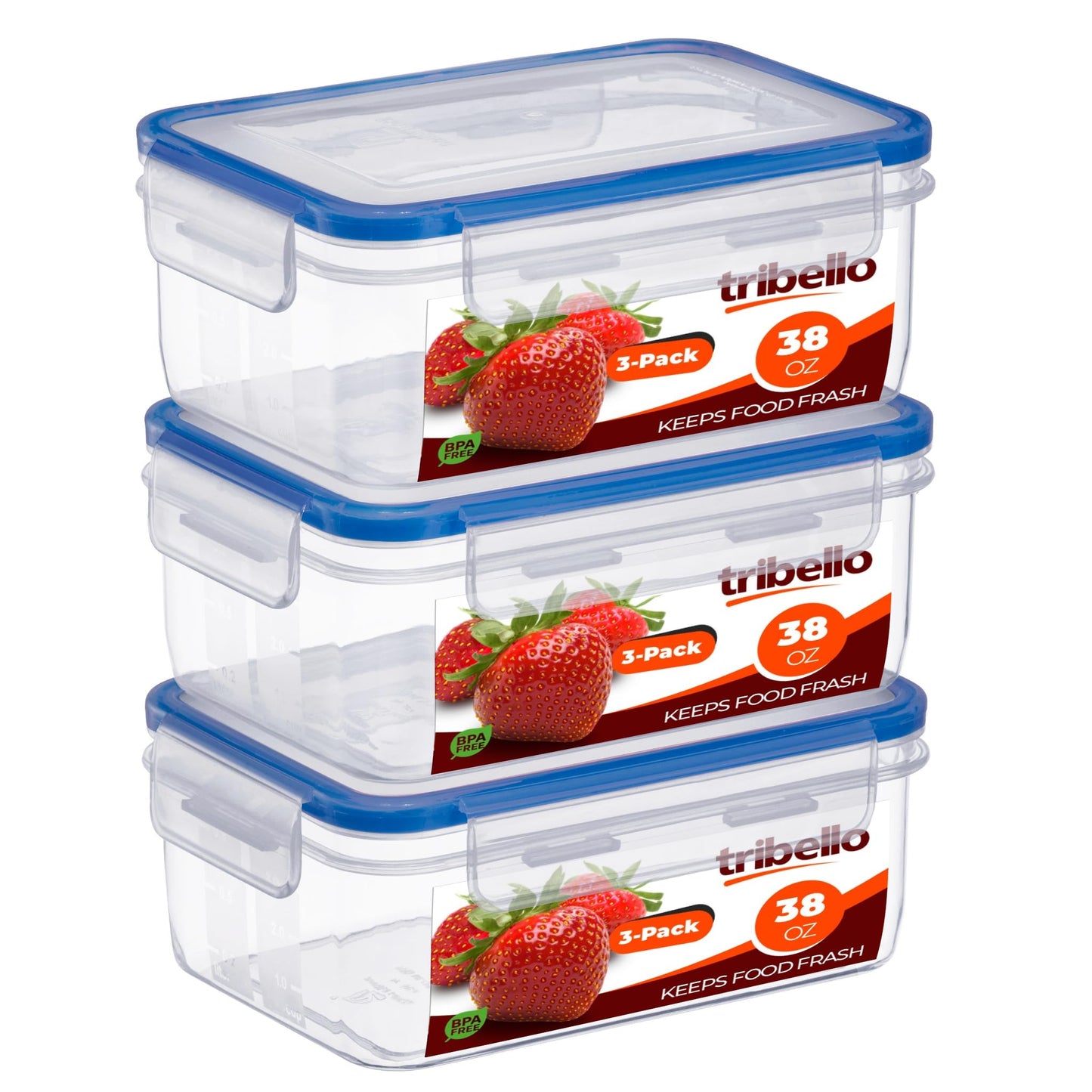 Tribello 68 oz Airtight Food Storage Containers with SnapTight Lids – Clear, Stackable, BPA-Free Meal Prep Containers for Kitchen, Freezer & Pantry – 3-Pack