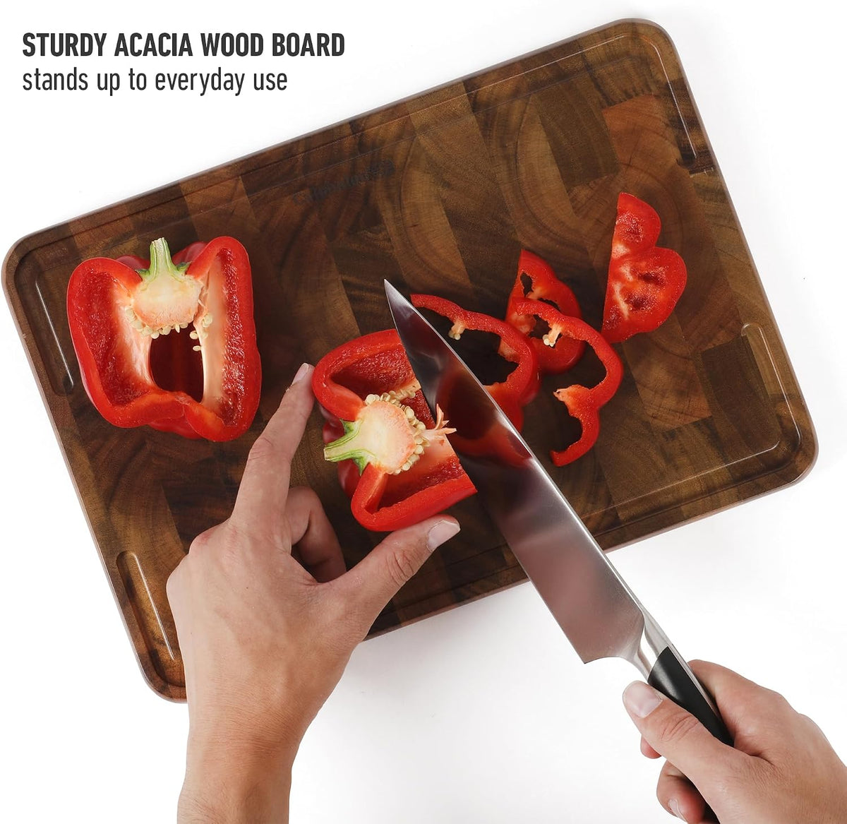 Calphalon Edge Guard Cutting Board, 13.6 x 9.5-Inch End-Grain Acacia Wood Cutting Board, Wooden Chopping Block for Stable Cutting & Food Prep