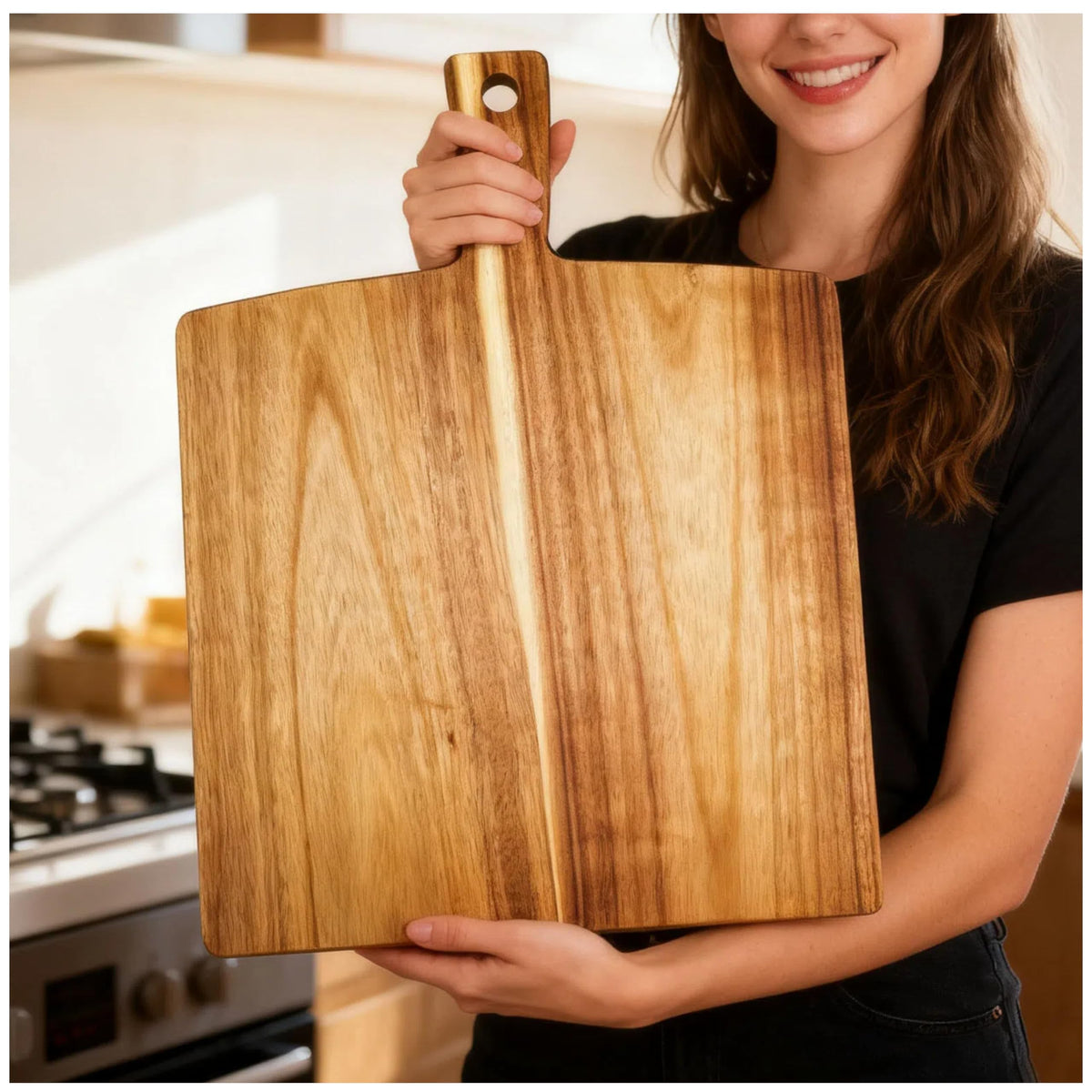 ZeQi Acacia Wood Cutting Board with Handle 13.7''X7'', Charcuterie Board, Serving Board for Cheese, Bread, Meat, Vegetables & Fruits, Natural Wooden Chopping Board for Kitchen