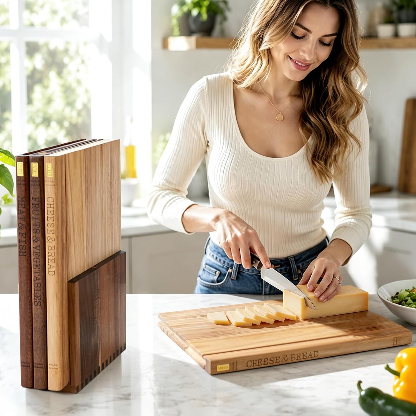 Book Cutting Board Set with Wooden Stand for Home Cooks
