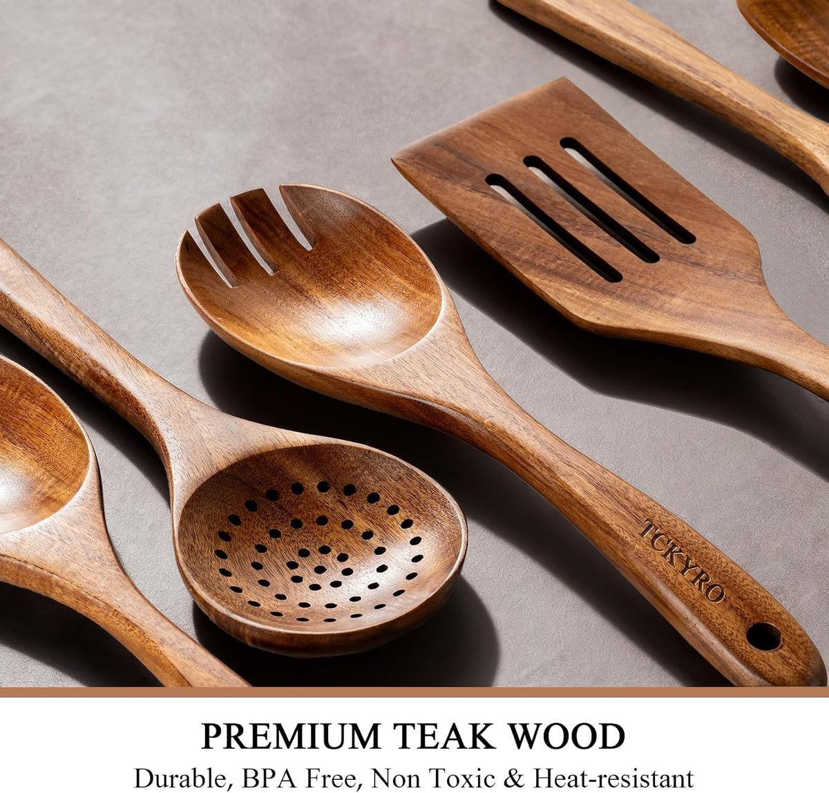 8 Piece Wooden Kitchen Utensils Set, Teak Wooden Spoons for Cooking