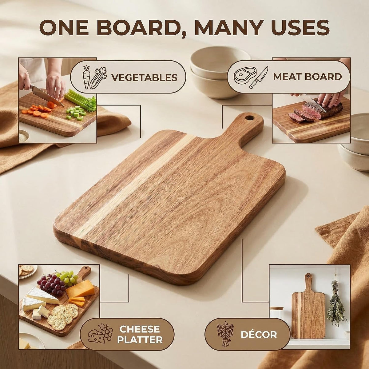 ZeQi Acacia Wood Cutting Board with Handle 13.7''X7'', Charcuterie Board, Serving Board for Cheese, Bread, Meat, Vegetables & Fruits, Natural Wooden Chopping Board for Kitchen