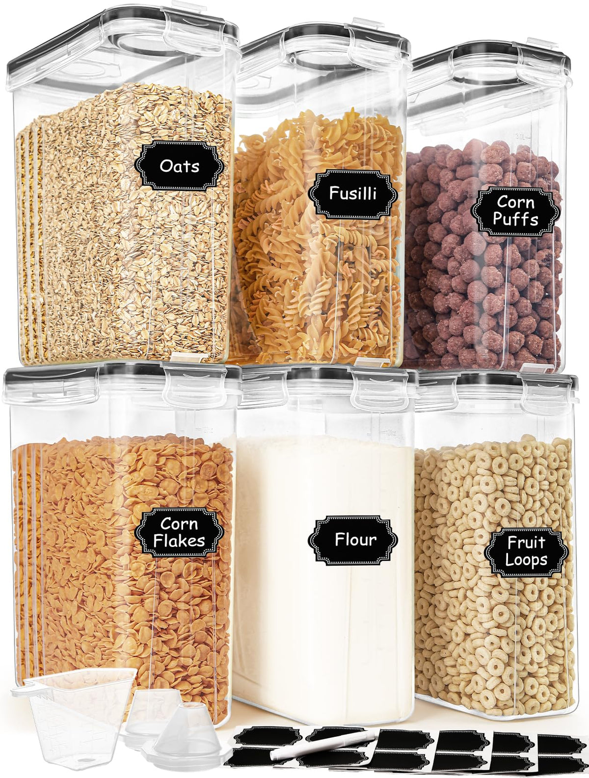 Cereal Containers Storage Set (4L / 135.2oz), 4PCS Airtight Food Storage Containers with Lids, Cereal Dispensers for Kitchen Pantry Organization and Storage with Pour Spout, 20 Labels, Marker