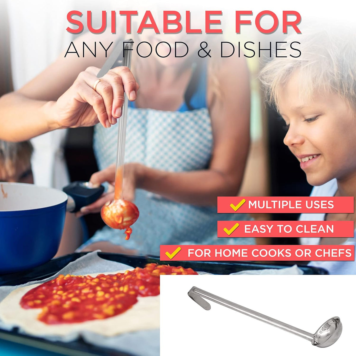 Fit Meal Prep [2 Pack] 2 oz Stainless Steel Soup Ladle, One-Piece Sauce Spatula with Hook Handles, Commercial Grade Serving Spoon, Kitchen Tool for Restaurant or Home Cooking, Mirror Finish, 12" Long