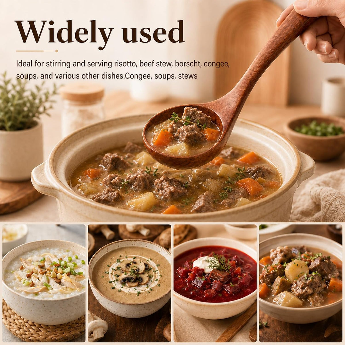 Wooden Ladle Soup Spoon Long Handle Serving Cooking 10.6inch, 1Pc