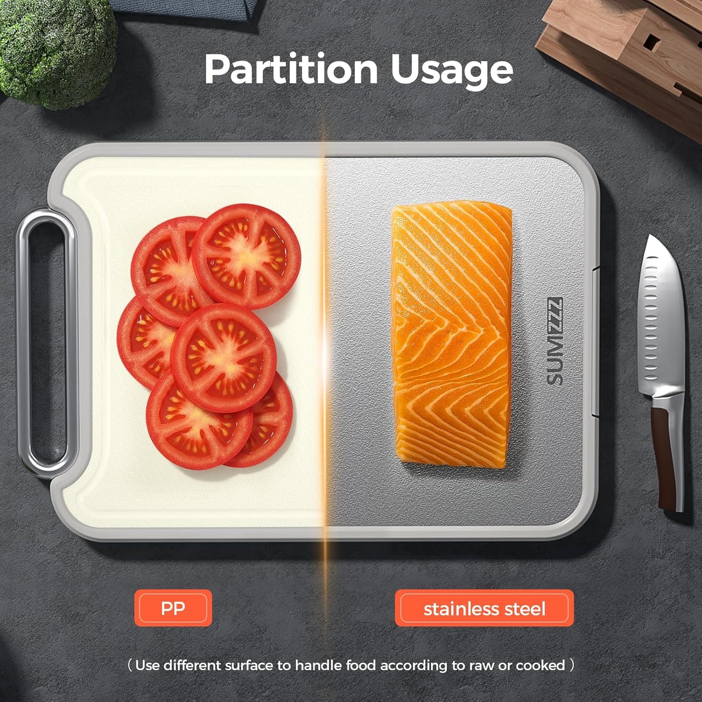 Sumzzz Stainless Steel Cutting Board for Kitchen, 2-in-1 Double-Sided Chopping Board, Dishwasher Safe, Food Grade Stainless Steel/PP, Easy to Clean, Large Size, Non-Slip, 16"×11"