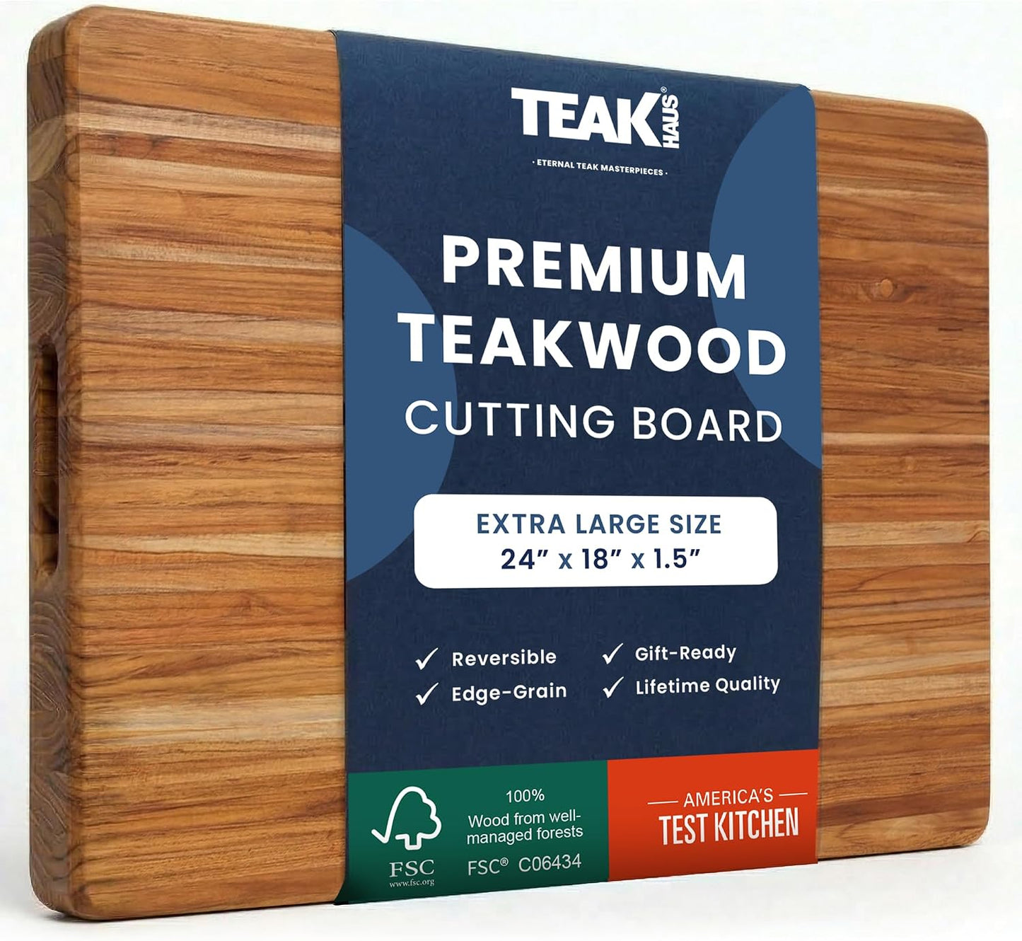 Teakhaus Cutting Board - Extra Large (XL) Teak Wood Cutting Board 24”L x 18”W x 1.5” Thick - Sustainably Harvested and FSC Certified - Knife Friendly with Natural Oil Finish