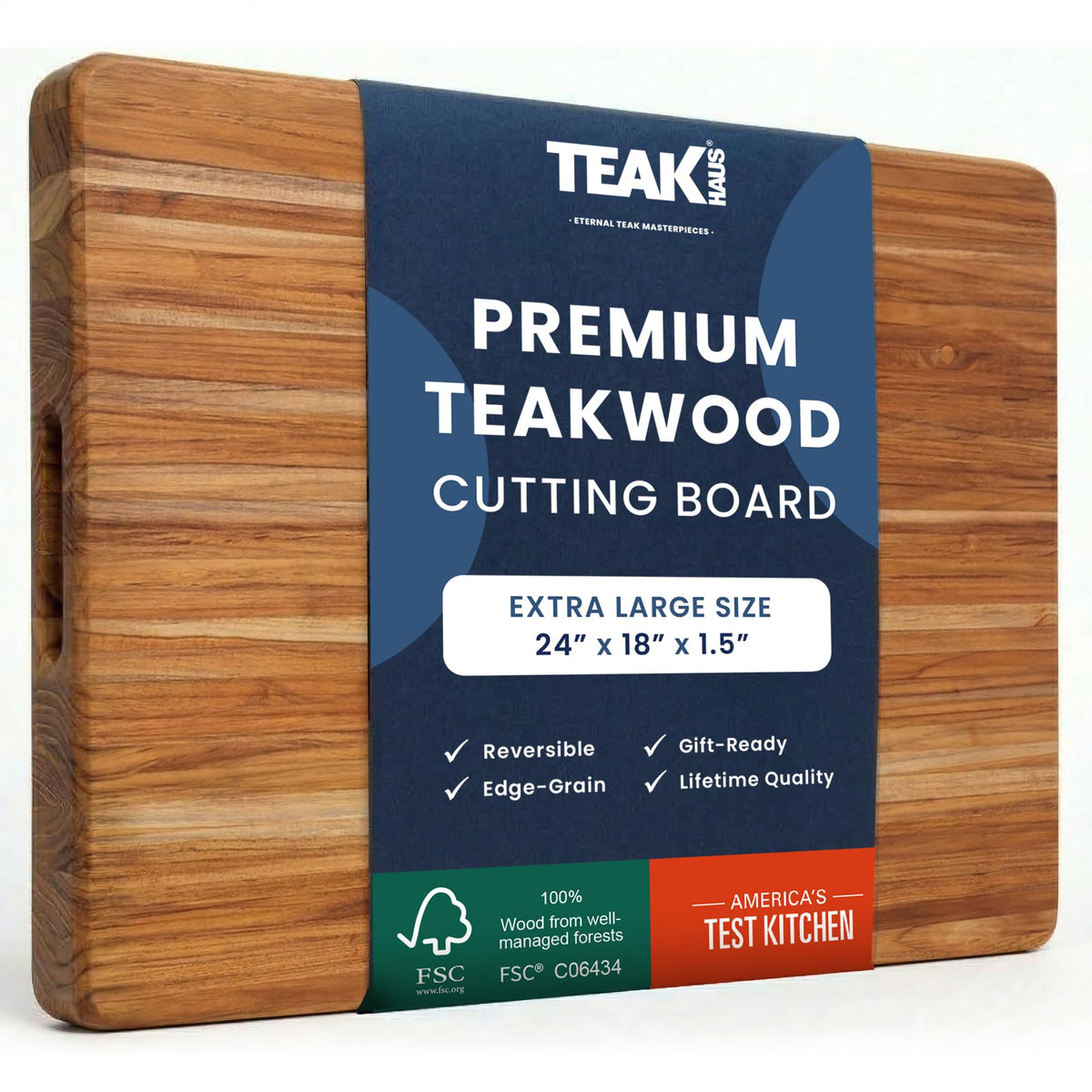 Teakhaus Cutting Board - Extra Large (XL) Teak Wood Cutting Board 24”L x 18”W x 1.5” Thick - Sustainably Harvested and FSC Certified - Knife Friendly with Natural Oil Finish