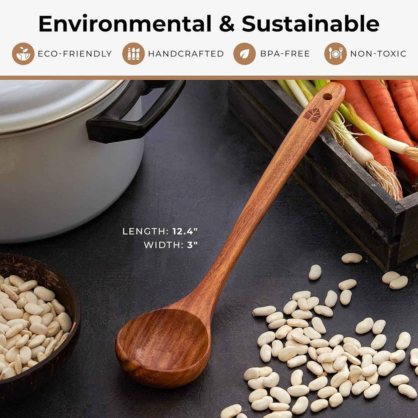 Wooden Ladle for Cooking, 12.4" Teak Soup Spoon, Medium 2 oz Serving Scoop