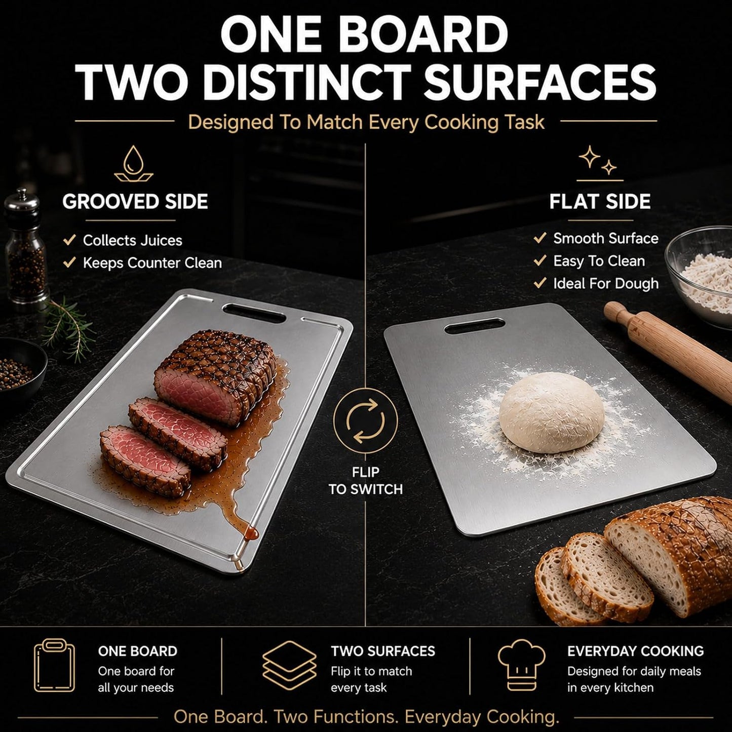 Titanium Cutting Board 100% Pure Metal, Double Sided Kitchen Chopping Board with Juice Groove, Dishwasher Safe Food-Grade Cutting Board for Meat, Vegetables & Fruit (medium)