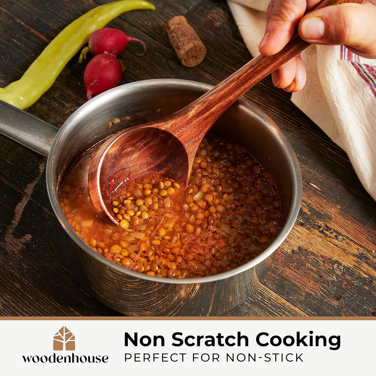 Wooden Ladle for Cooking, 12.4" Teak Soup Spoon, Medium 2 oz Serving Scoop
