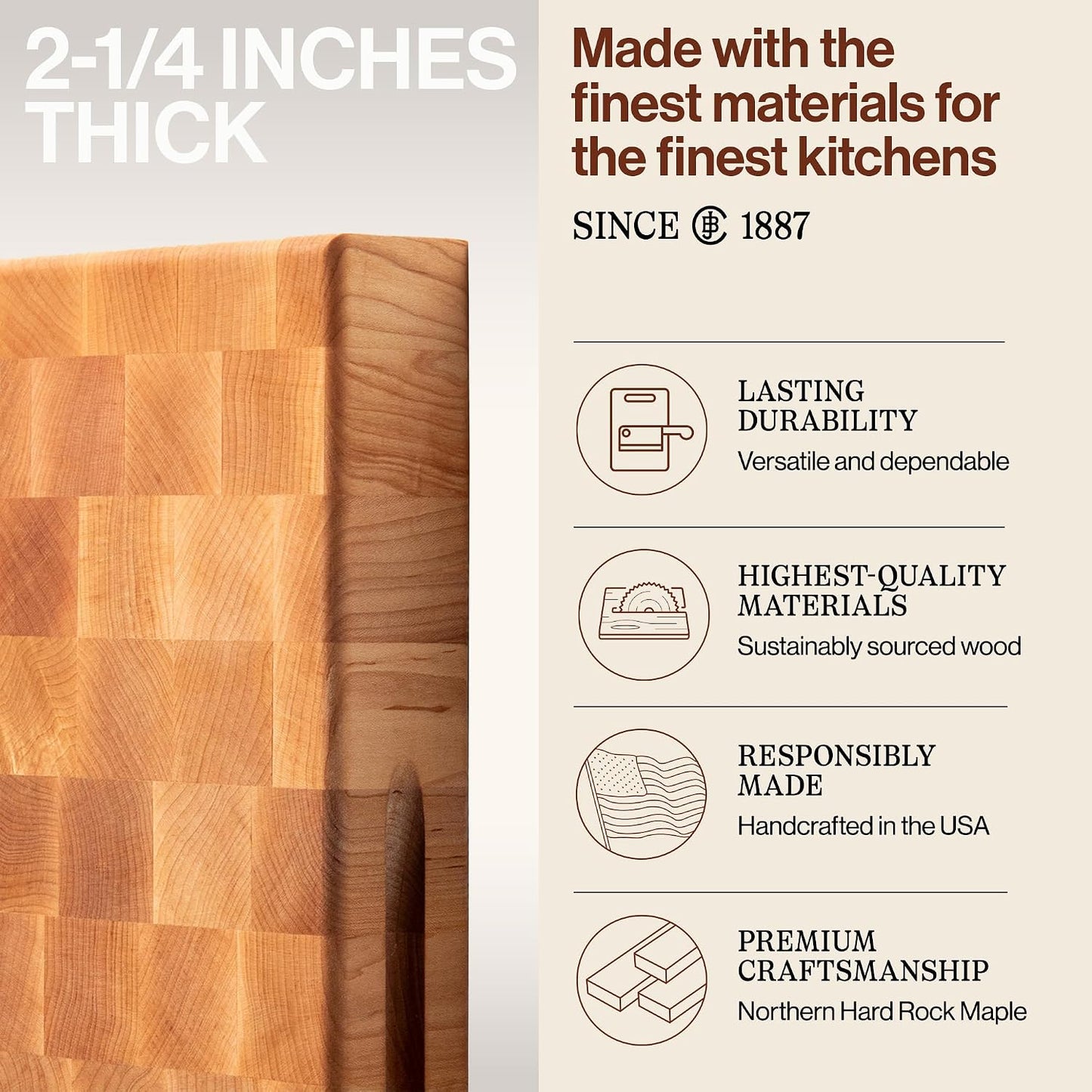 John Boos CCB Series Rectangular Wooden Maple Cutting Board 24”x18” – 2.25” Thick, 30-lb Reversible Butcher Block with End-Grain & Finger Grips – Made in the USA