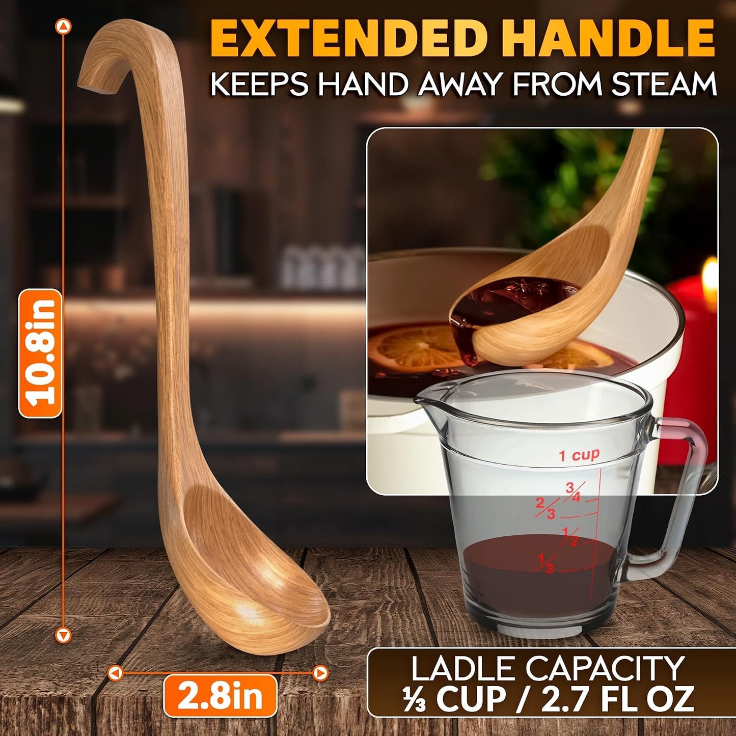 Wooden Soup Ladle 10.8 x 2.8 Inch, Long Handle Spoon with Hook End