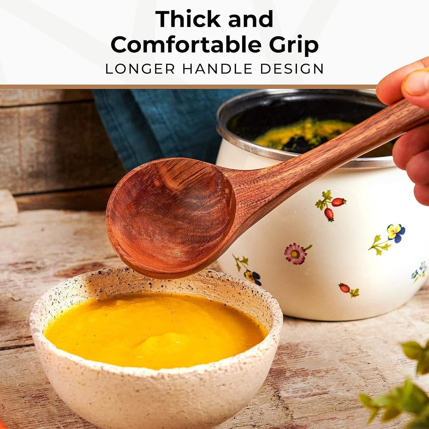 Wooden Ladle for Cooking, 12.4" Teak Soup Spoon, Medium 2 oz Serving Scoop
