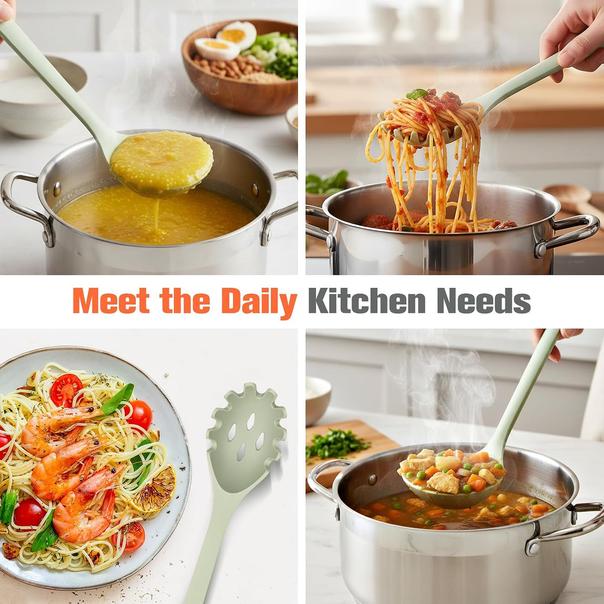 Silicone Spaghetti Spoon & Soup Ladle Cooking Utensils Set of 2 (Green)