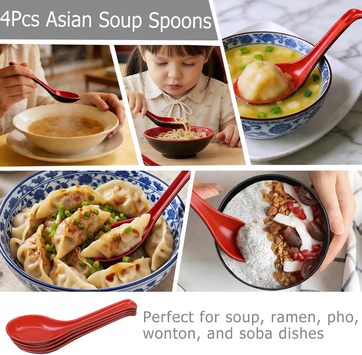 4PCS Asian Soup Spoons, Chinese Japanese Miso Ramen Wonton Dumpling Pho Rice Noodle Soba Soup Spoons, Red and Black Melamine Spoons