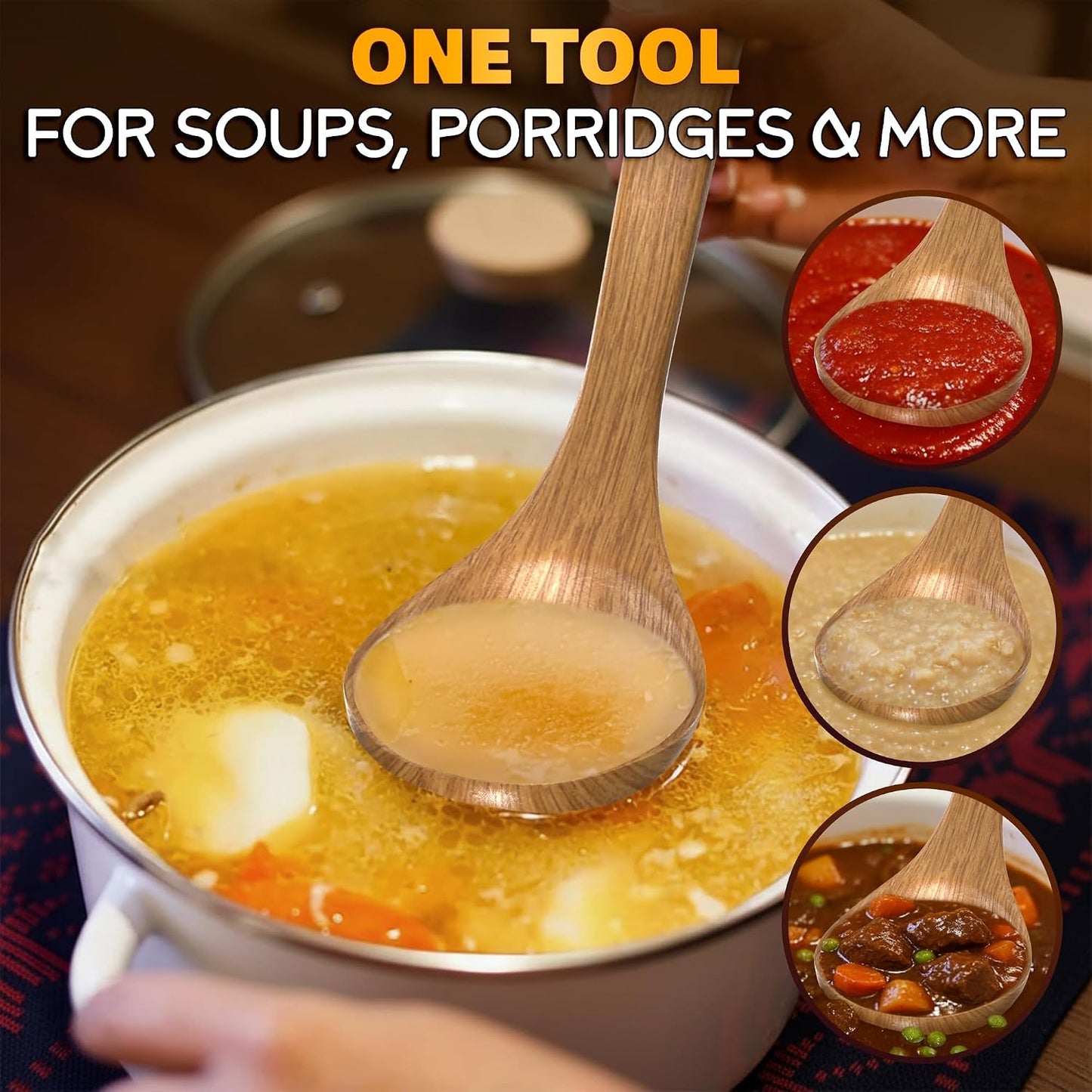 Wooden Soup Ladle 10.8 x 2.8 Inch, Long Handle Spoon with Hook End
