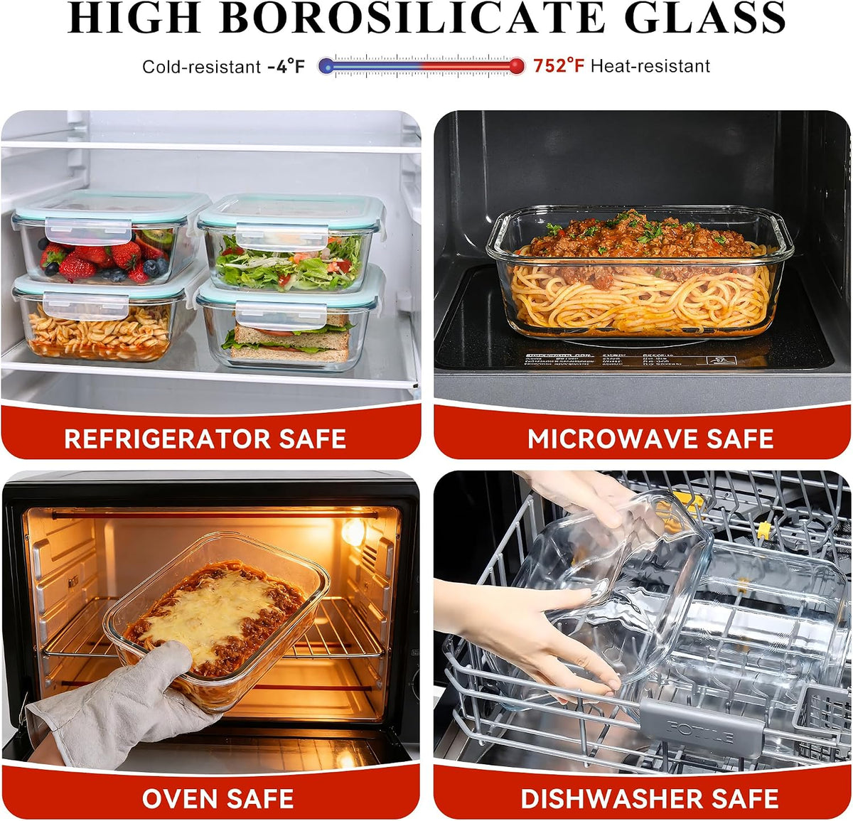 LOVYANXUE 4 Pack 52oz Large Glass Food Storage Containers with Lids, Meal Prep Containers with Airtight Lid for Storing, Baking, Serving, BPA-Free, Freezer, Microwave, Oven & Dishwasher Safe