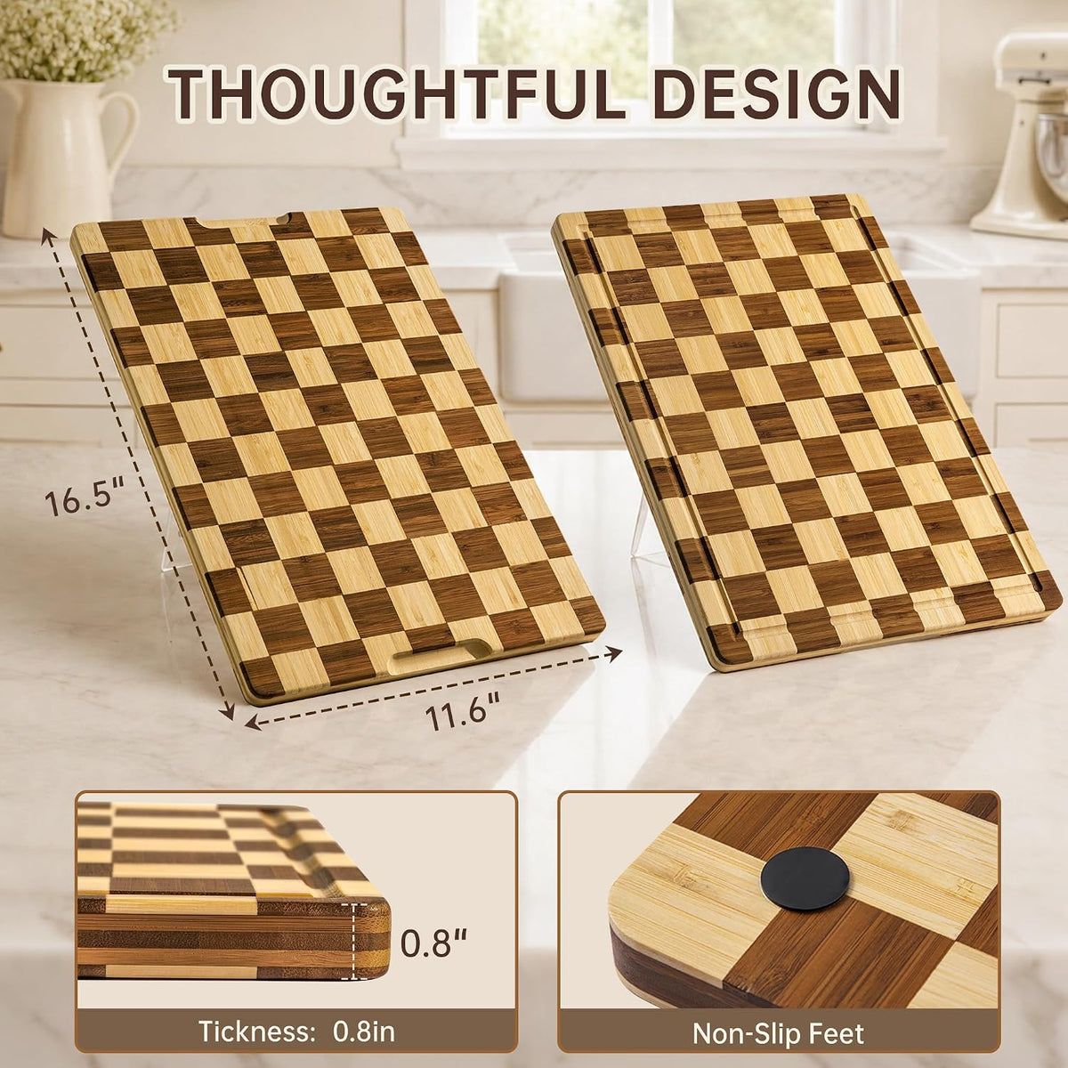 THETCHRY Checkered Cutting Board for Kitchen, Bamboo Wooden Cutting Board