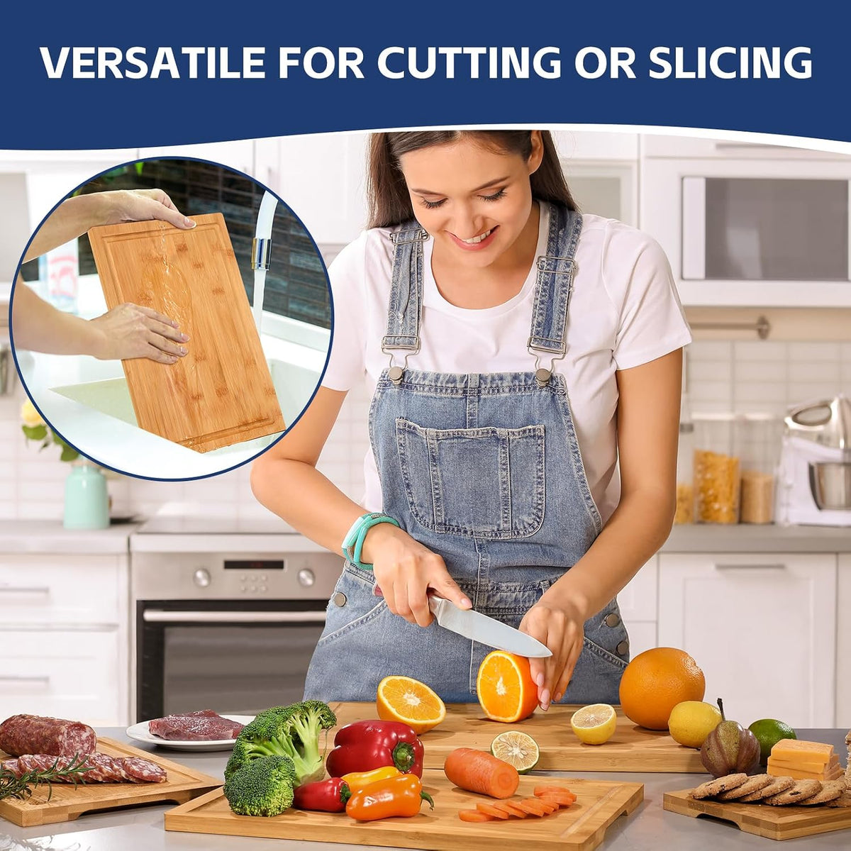Hiware 3-piece Bamboo Cutting Boards for Kitchen, Heavy Duty Bamboo Cutting Board with Juice Groove, Wood Cutting Board Set for Meat, Vegetables