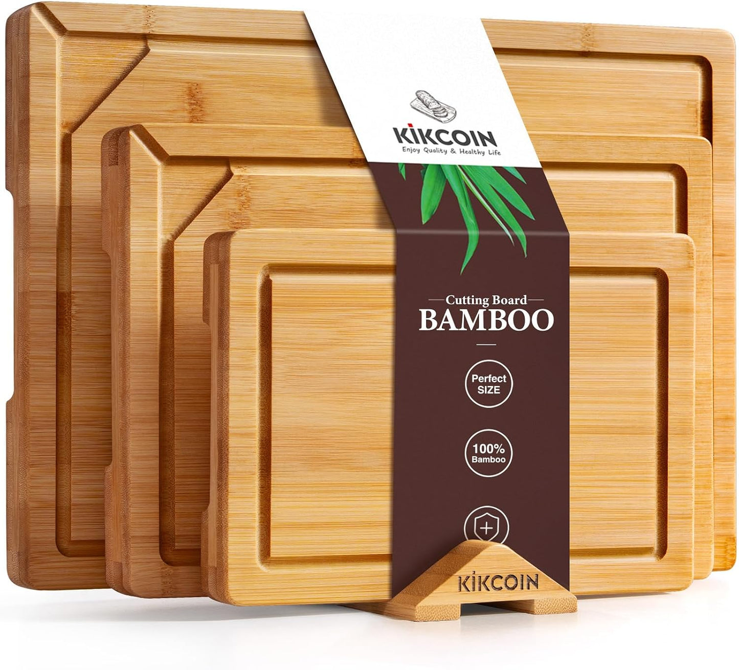Kikcoin 3+1 Piece Self-Draining Bamboo Cutting Boards, Wooden Cutting Boards for Charcuterie, Vegetables, Cheese, Bread, Extra Large Chopping Boards with Deep Juice Groove and Handle, Natural