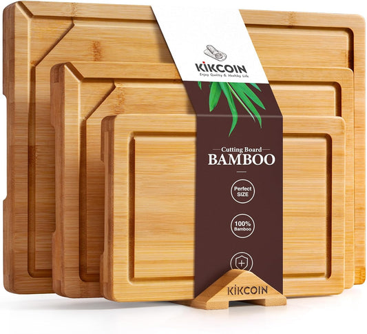 Kikcoin 3+1 Piece Self-Draining Bamboo Cutting Boards, Wooden Cutting Boards for Charcuterie, Vegetables, Cheese, Bread, Extra Large Chopping Boards with Deep Juice Groove and Handle, Natural