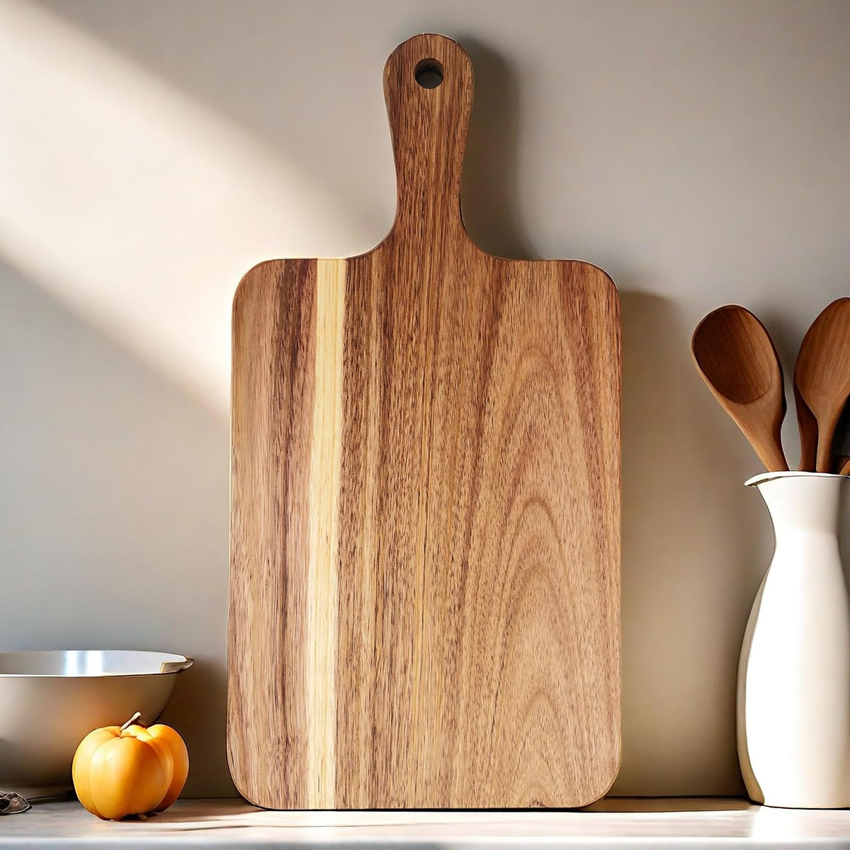 ZeQi Acacia Wood Cutting Board with Handle 13.7''X7'', Charcuterie Board, Serving Board for Cheese, Bread, Meat, Vegetables & Fruits, Natural Wooden Chopping Board for Kitchen