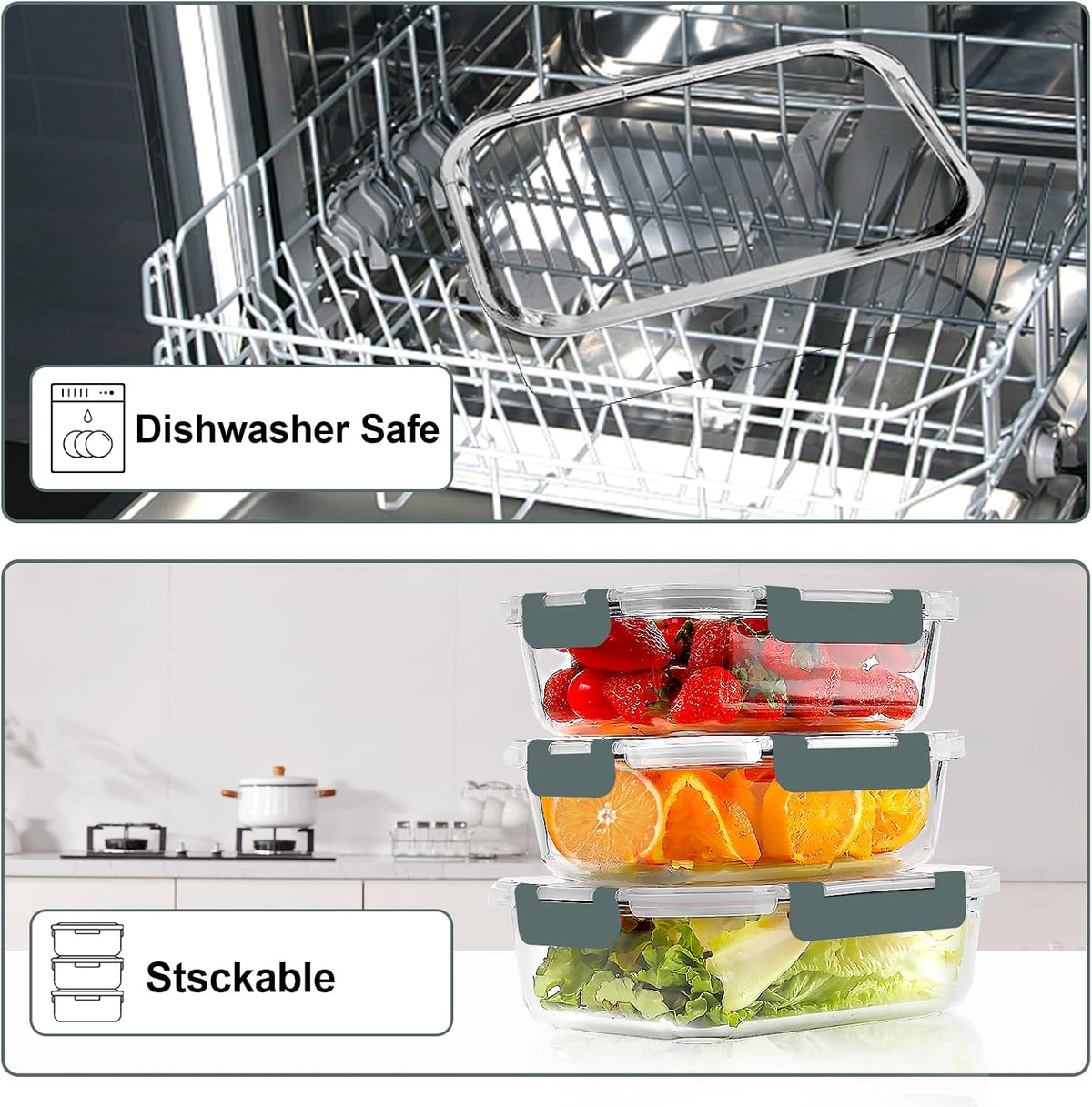 VERONES 10 PACK Glass Meal Prep Containers Set with Lids, Grey