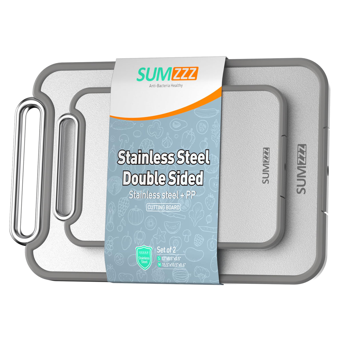 Sumzzz Stainless Steel Cutting Board for Kitchen, 2-in-1 Double-Sided Chopping Board, Dishwasher Safe, Food Grade Stainless Steel/PP, Easy to Clean, Large Size, Non-Slip, 16"×11"