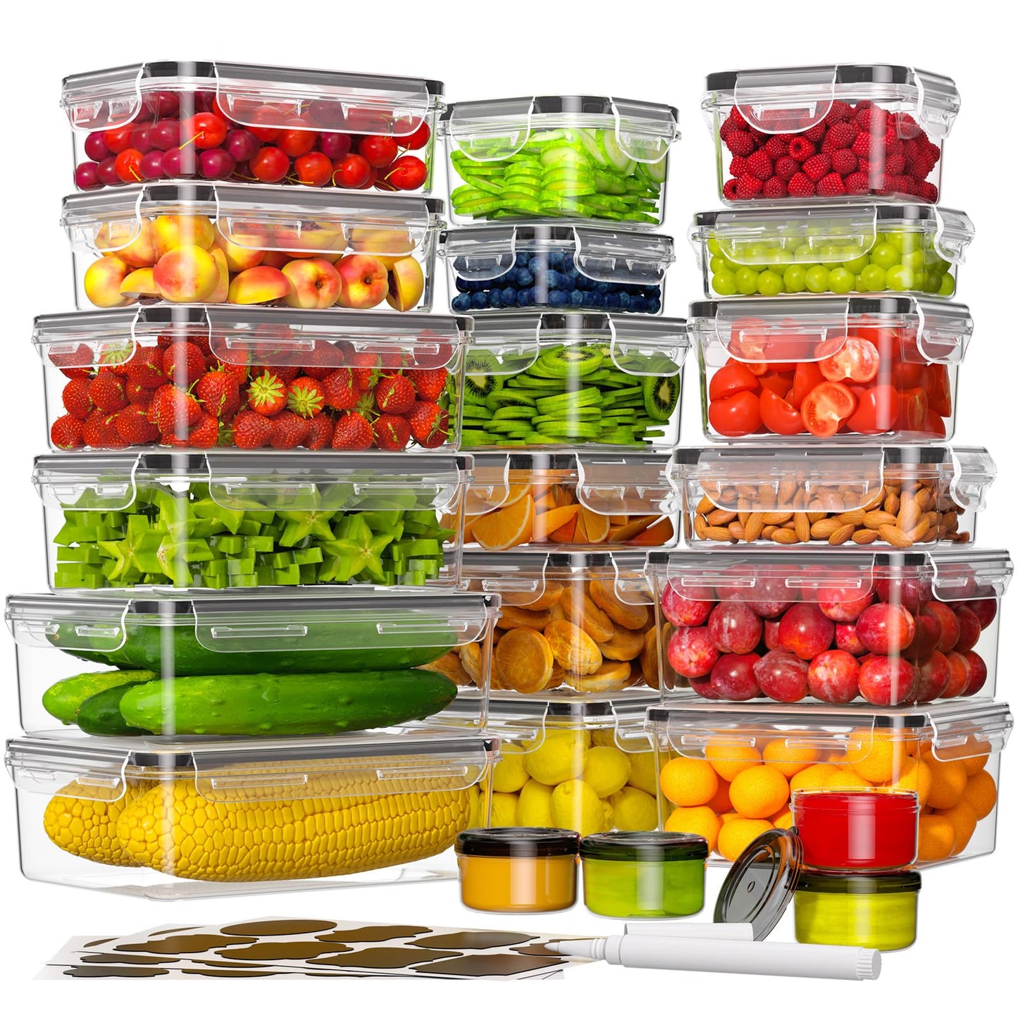 KEMETHY 36-Piece Food Storage Containers with Lids(18 Container & 18 Lid), Plastic Food Containers for Pantry & Kitchen Storage and Organization, BPA-Free, Leak Proof, Reusable with Labels & Pen