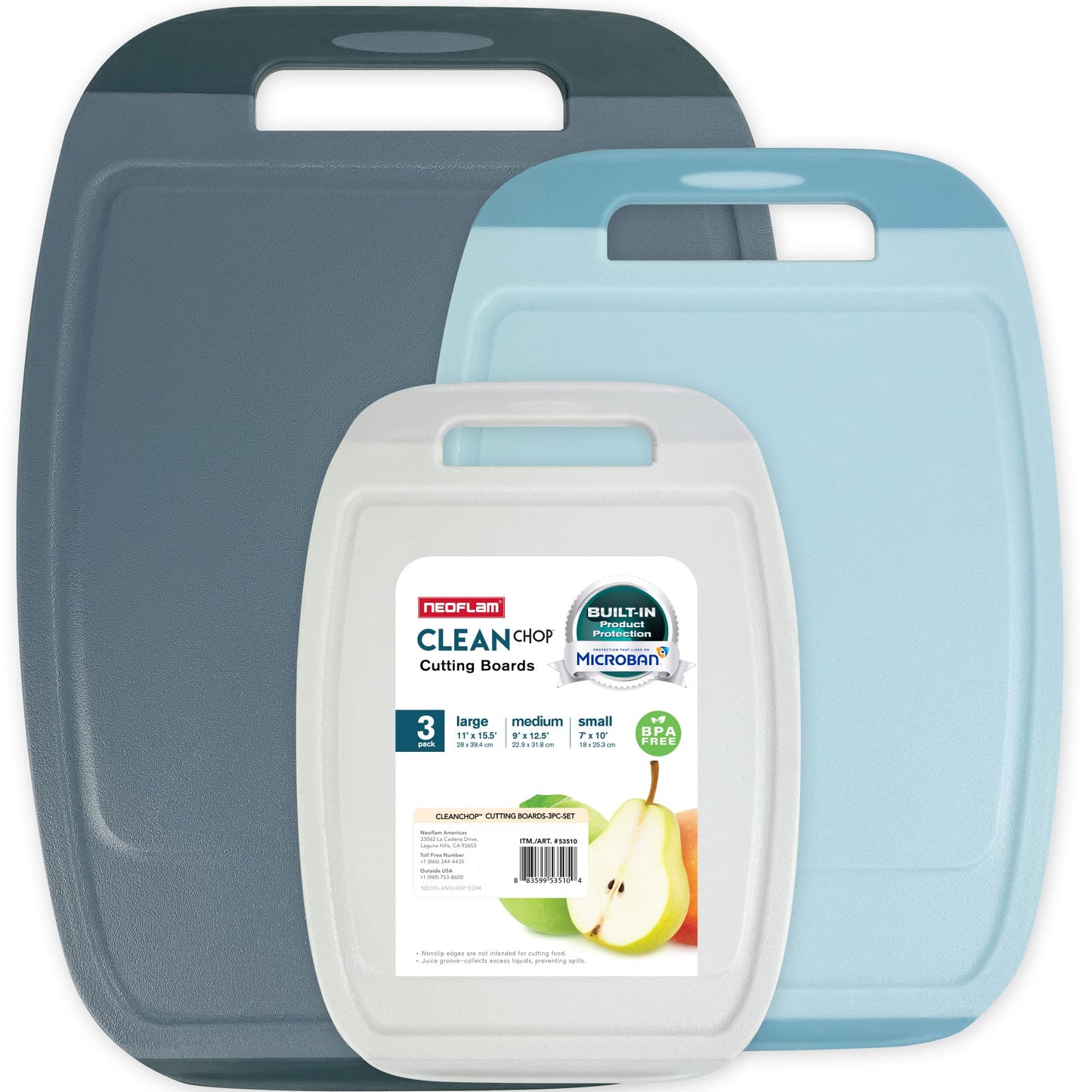Neoflam Microban Protection Cutting Board 3 Piece Set, Stain & Odor/BPA Free, Reversable Board, Upgraded Larger Juice Groove, Non-Slip EZ Grip Handle, Dishwasher Safe, Pastel