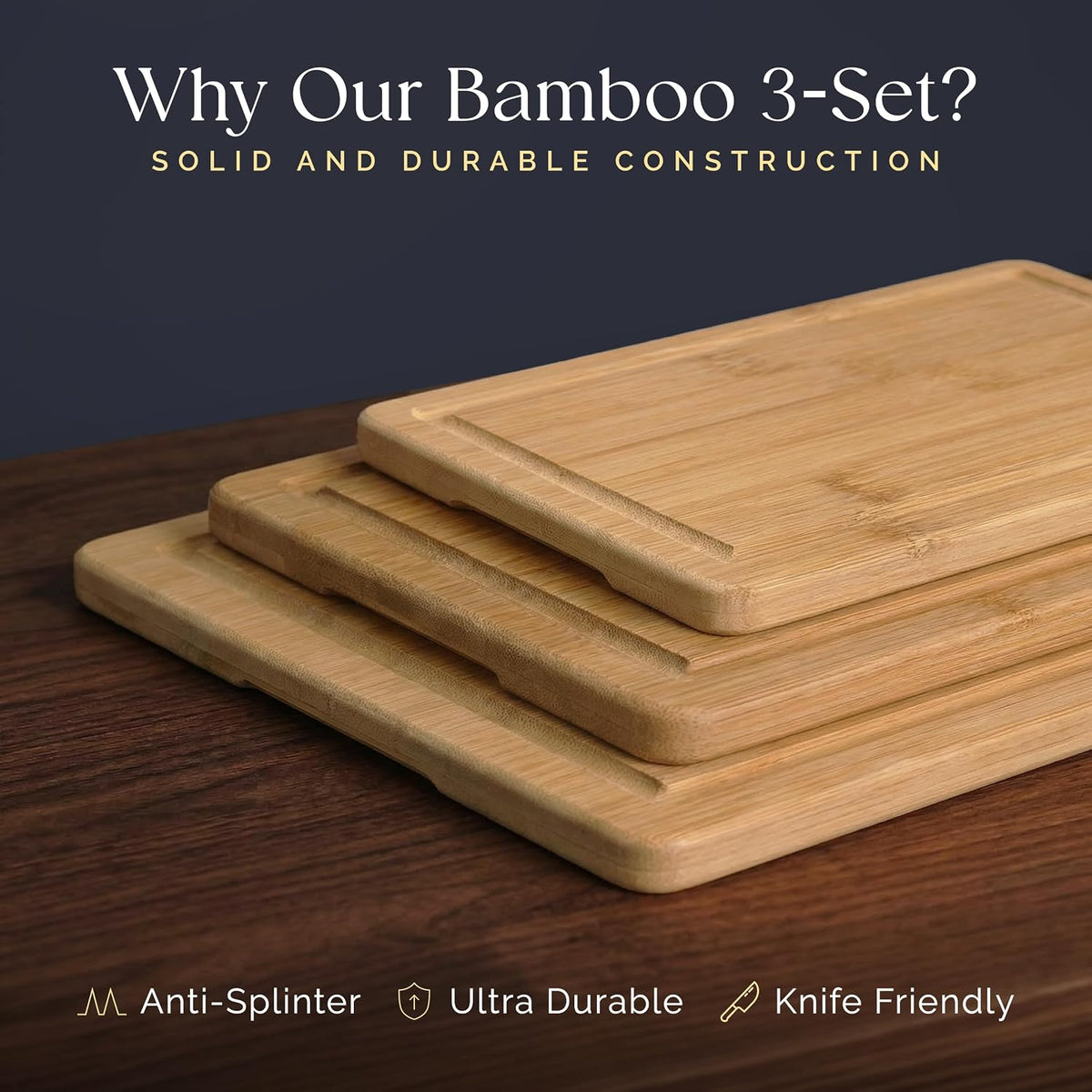 Pre-Oiled, Non Toxic 3-Piece Bamboo Cutting Board Set of 3, Pre-Oiled