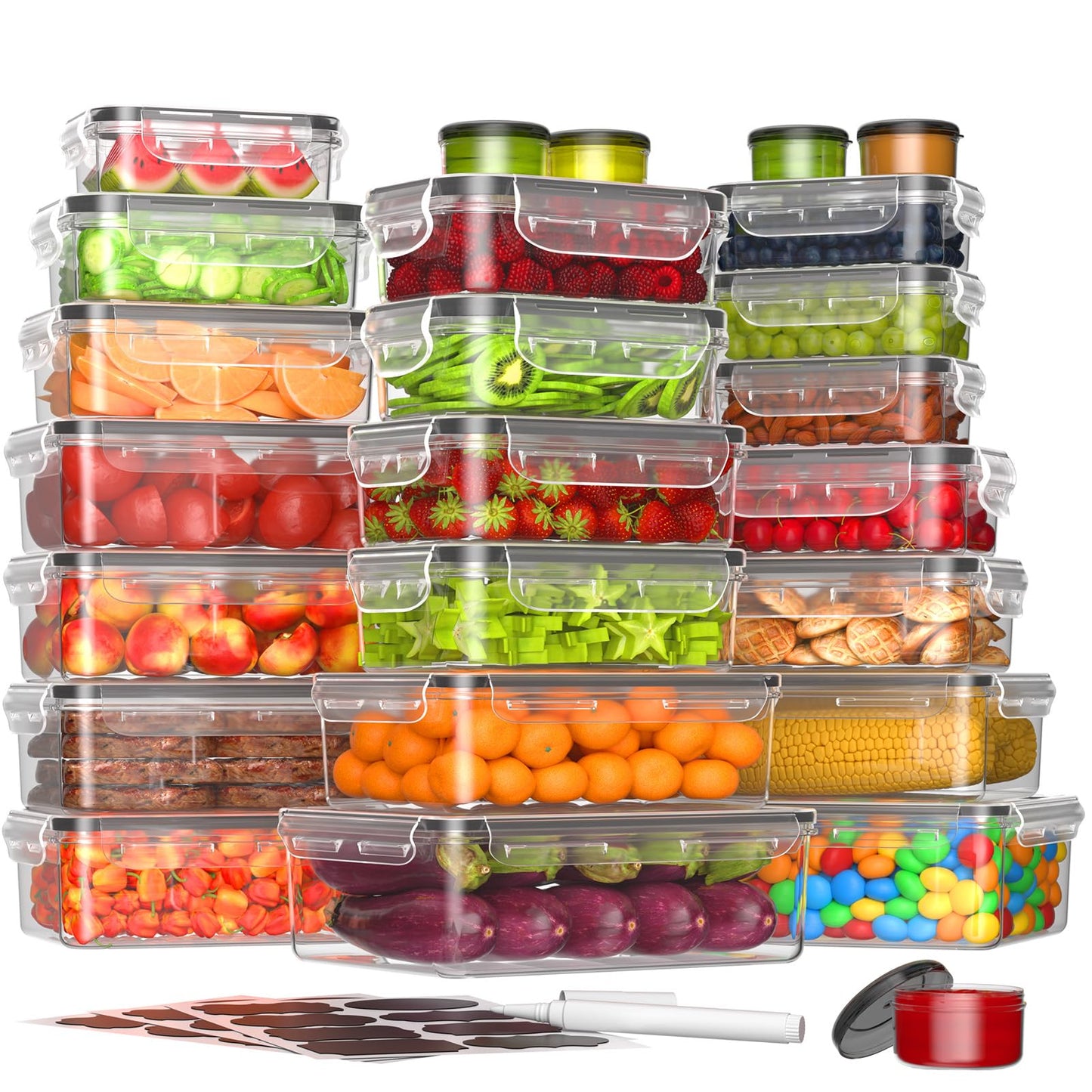 KEMETHY 36-Piece Food Storage Containers with Lids(18 Container & 18 Lid), Plastic Food Containers for Pantry & Kitchen Storage and Organization, BPA-Free, Leak Proof, Reusable with Labels & Pen