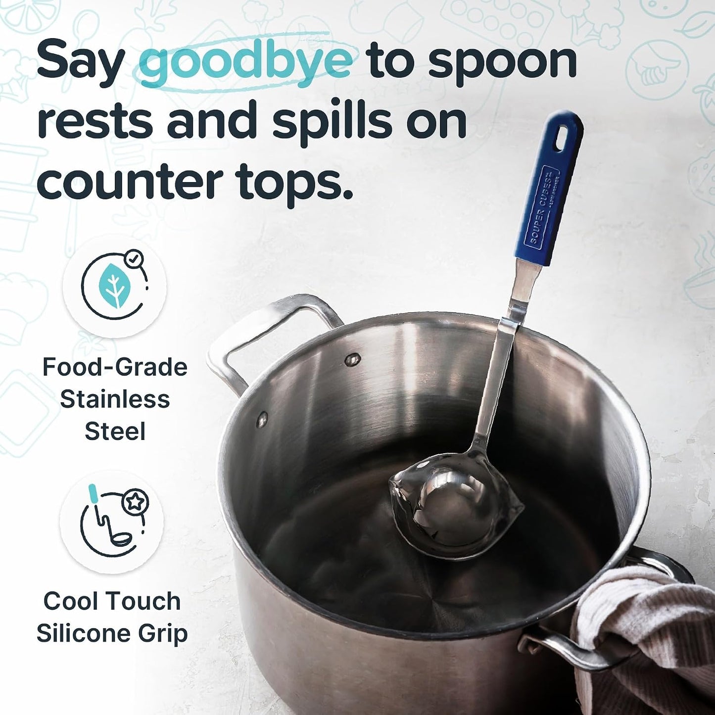 Souper Cubes Soup Ladle Stainless Steel with Patented Pot Hook, Blueberry