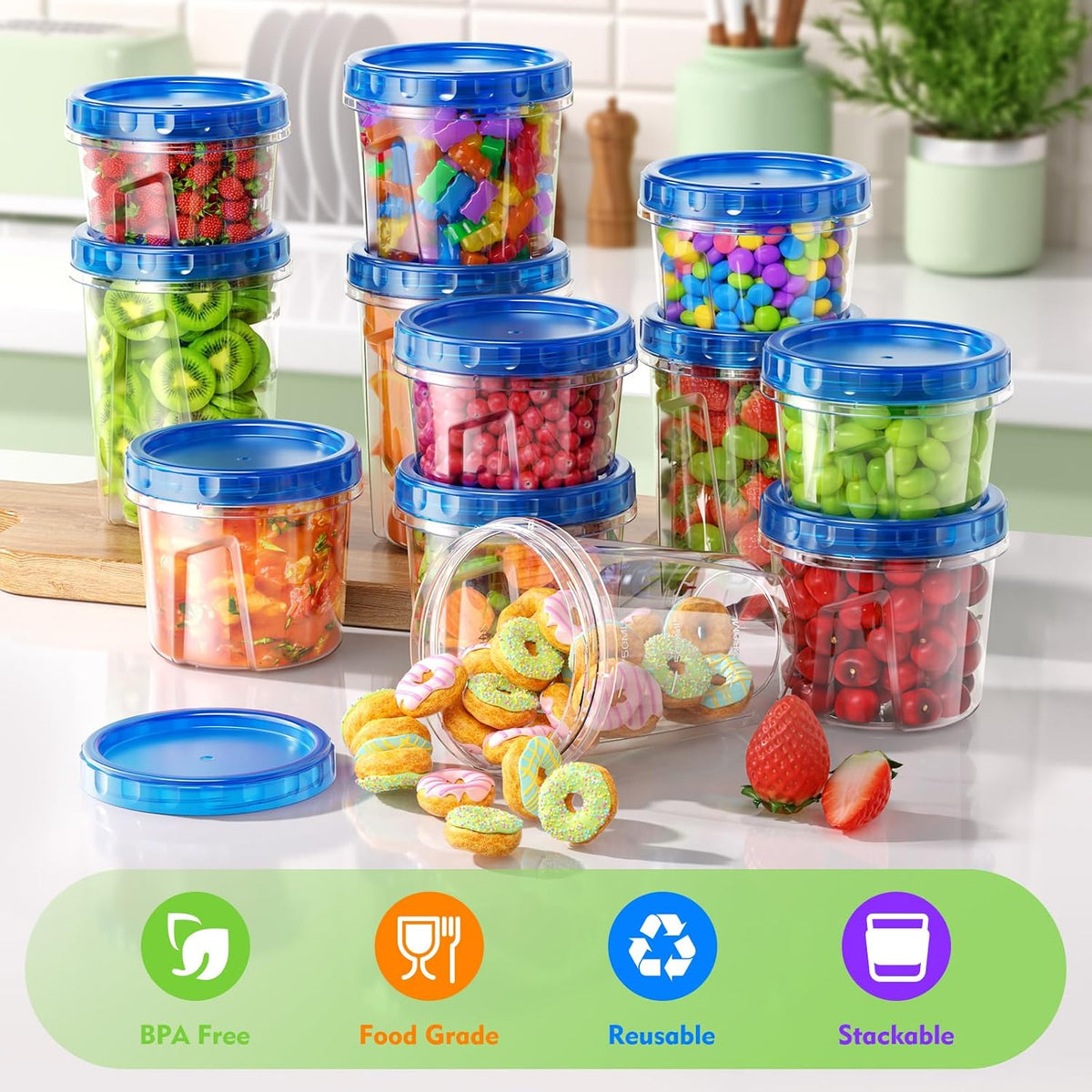 BiuLeon [12 Pack-34/24/17oz Freezer Storage Containers with 3 Different Sizes, Plastic Soup Containers with Lids, BPA-Free Food Storage Containers with Twist Top Lids, Reusable Meal Prep Containers