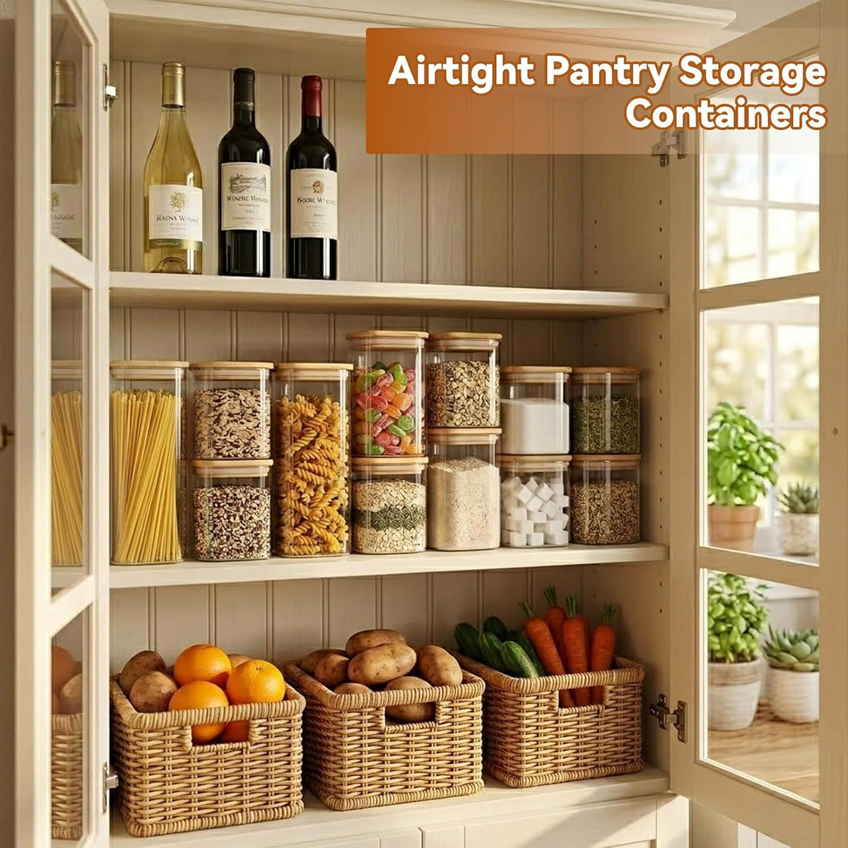 2PCS Glass Storage Containers with Lids, Airtight Pantry Storage Containers Glass Jars Kitchen Canisters, Flour Sugar Coffee Food Storage Dishwasher Safe (1.16Qt*1/2.11Qt*1)
