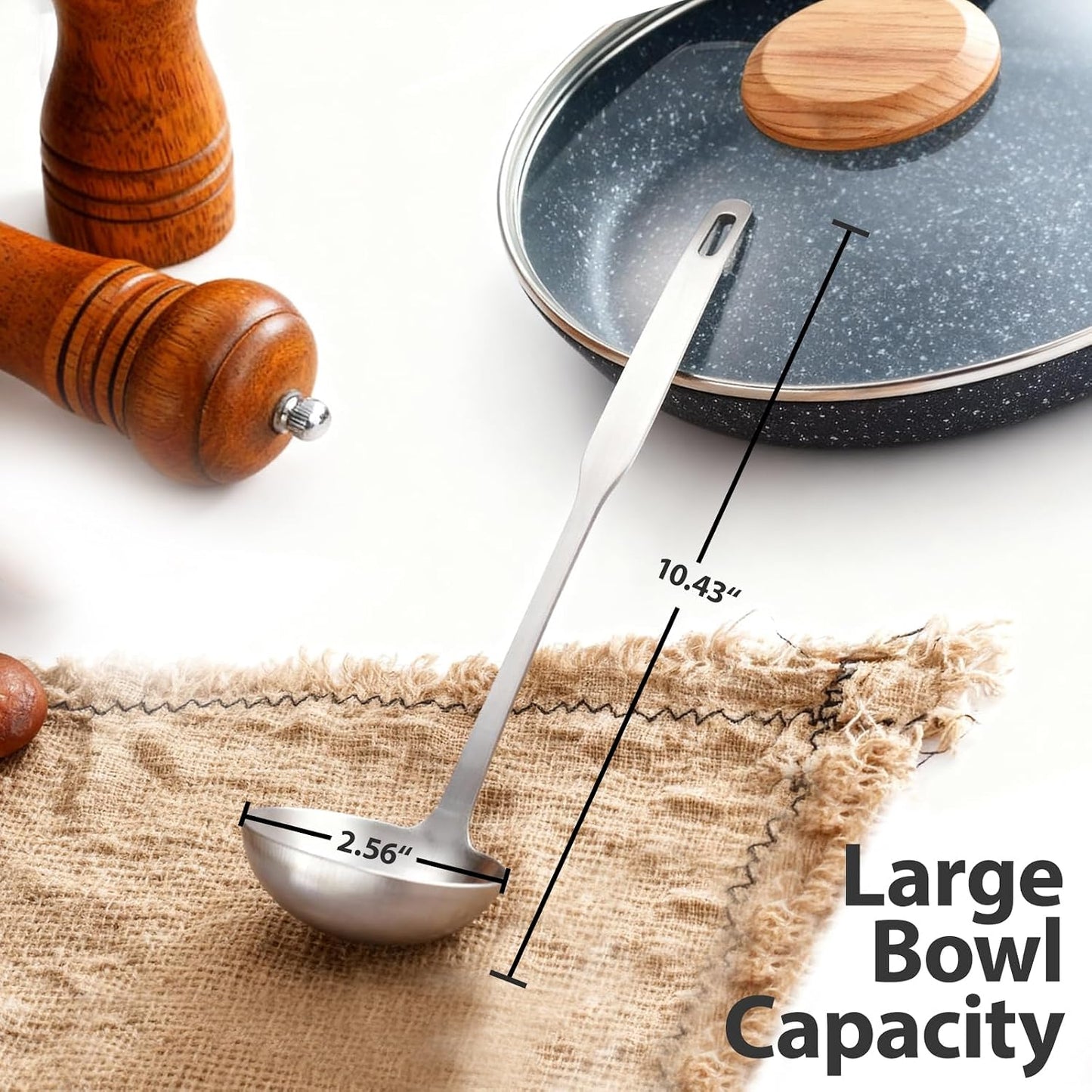 Professional Stainless Steel Soup Ladle, 10.5" Comfort Grid, Long Ergonomic Handle, Durable Kitchen Utensil for Cooking, Stirring, Serving Soups, Heavy-Duty Metal, Dishwasher Safe