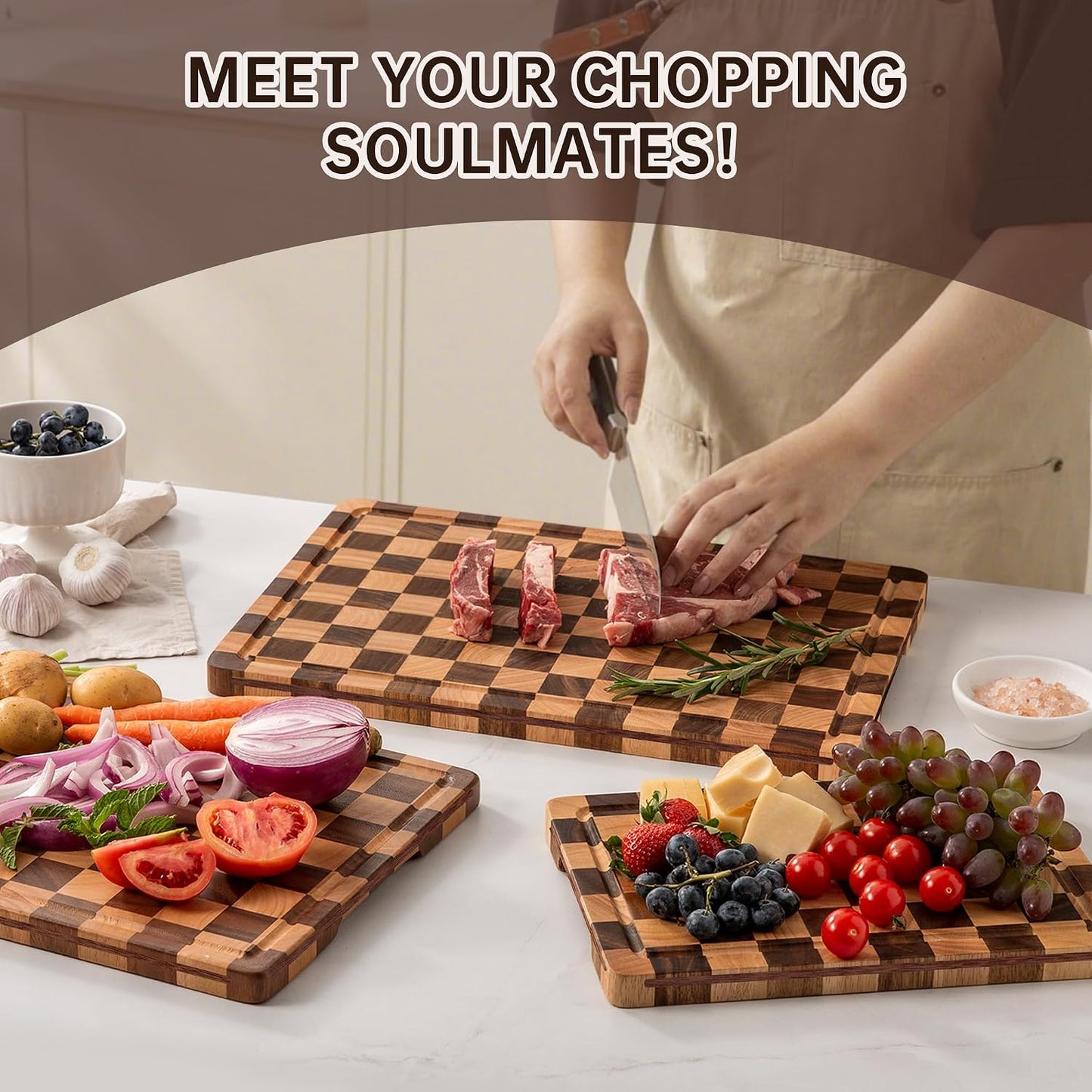 Checkered Cutting Board Set, Walnut Wood Cutting Boards for Kitchen