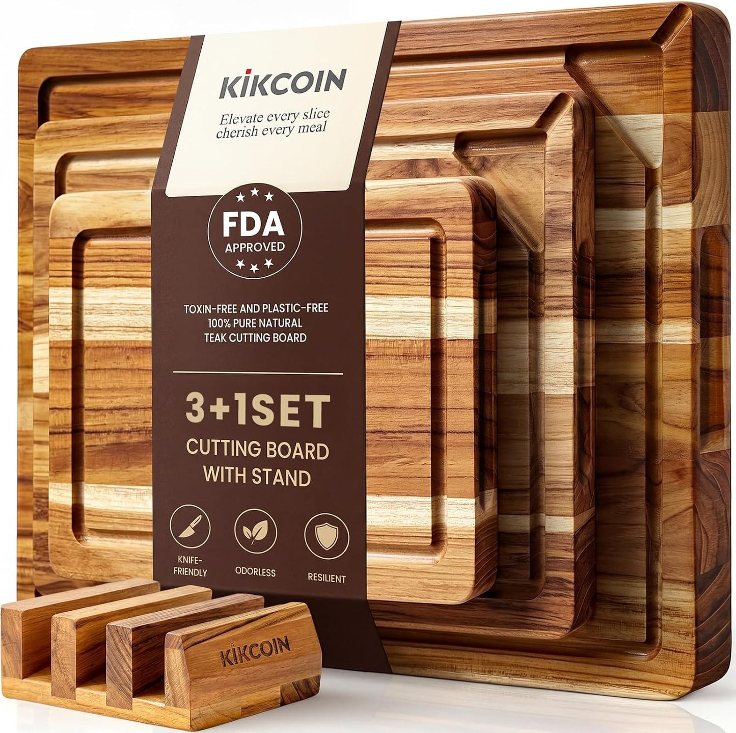 Kikcoin Teak Wood Cutting Board for Kitchen with Storage Stand, Pre-Oiled Wooden Cutting Board Set of 3, Large Butcher Block Charcuterie Boards with Juice Groove for Meat, Cheese, Pizza