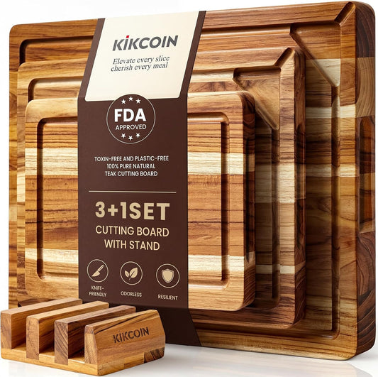 Kikcoin Teak Wood Cutting Board for Kitchen with Storage Stand, Pre-Oiled Wooden Cutting Board Set of 3, Large Butcher Block Charcuterie Boards with Juice Groove for Meat, Cheese, Pizza