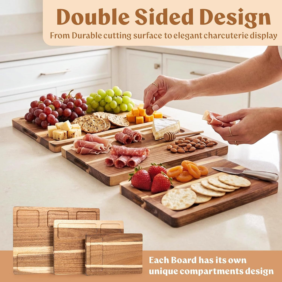EDELHAUS Acacia Wood Cutting Boards for Kitchen Set of 3, Double sided