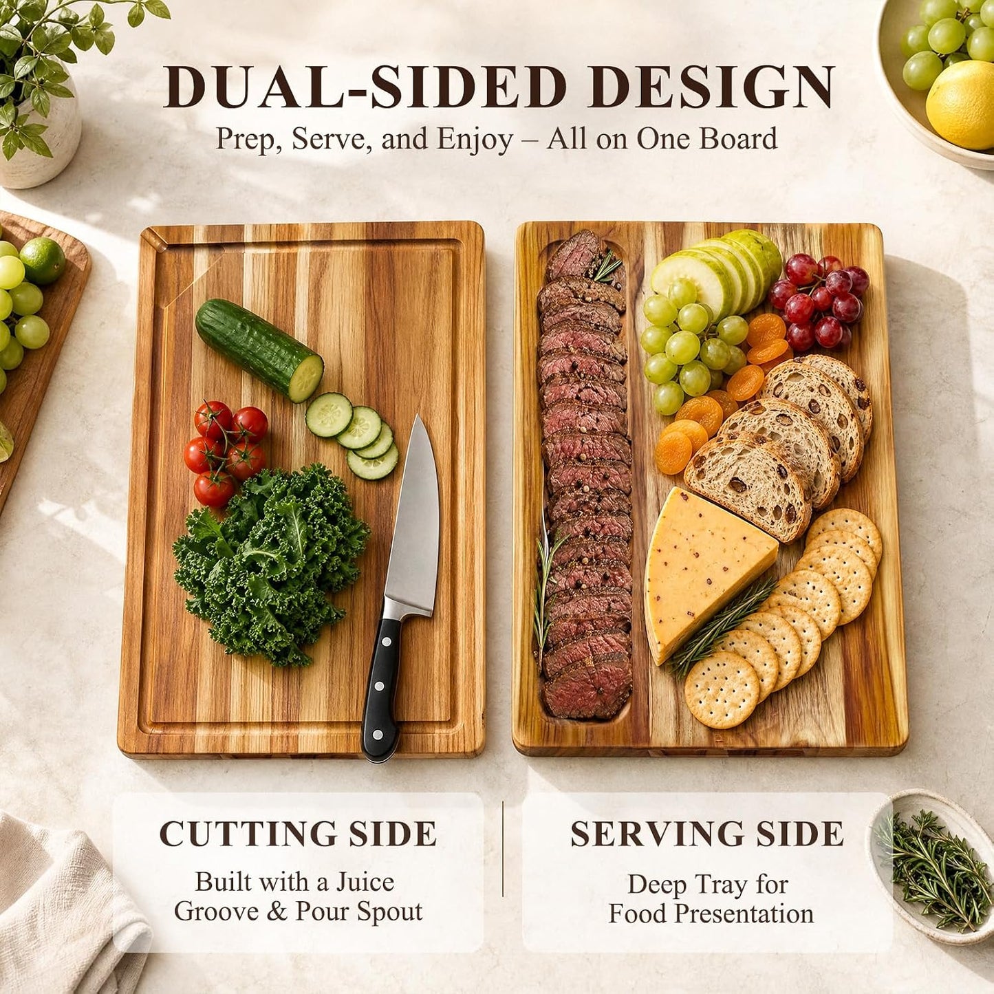 Kikcoin Teak Wood Cutting Board for Kitchen with Storage Stand, Pre-Oiled Wooden Cutting Board Set of 3, Large Butcher Block Charcuterie Boards with Juice Groove for Meat, Cheese, Pizza