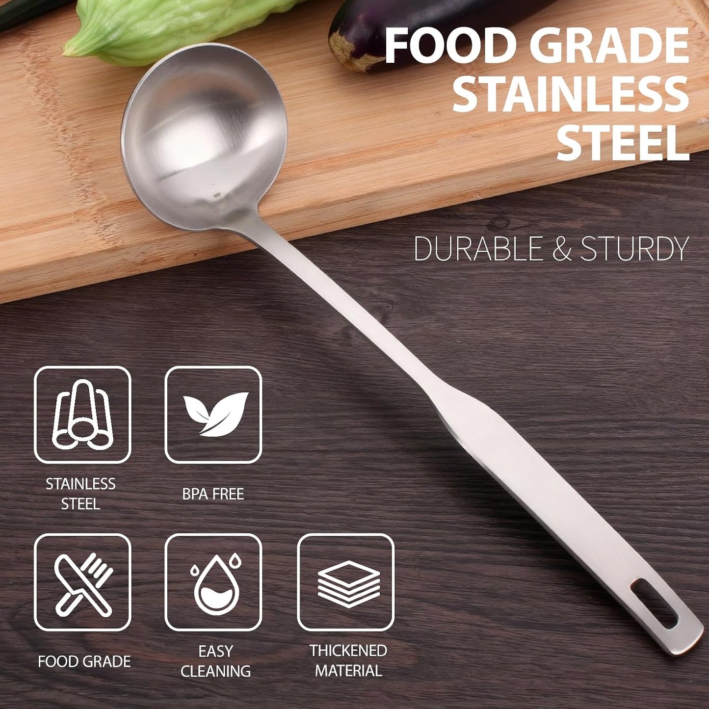Professional Stainless Steel Soup Ladle, 10.5" Comfort Grid, Long Ergonomic Handle, Durable Kitchen Utensil for Cooking, Stirring, Serving Soups, Heavy-Duty Metal, Dishwasher Safe