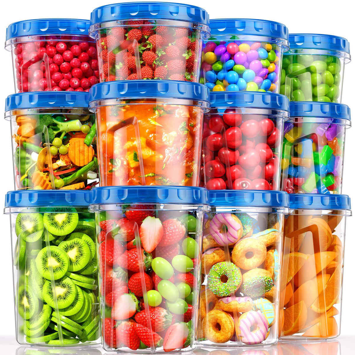 BiuLeon [12 Pack-34/24/17oz Freezer Storage Containers with 3 Different Sizes, Plastic Soup Containers with Lids, BPA-Free Food Storage Containers with Twist Top Lids, Reusable Meal Prep Containers