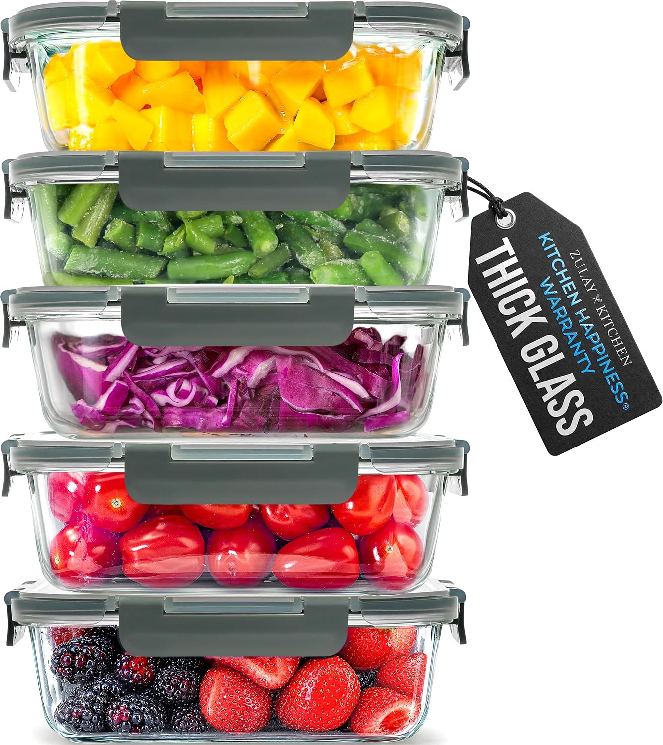 Zulay Kitchen 5 Piece Large 36oz Glass Storage Container Sets with Lids - Premium BPA Free Borosilicate Glass Food Storage Containers - Leak-Proof Meal Prep - Microwave, Freezer & Oven Safe - Gray