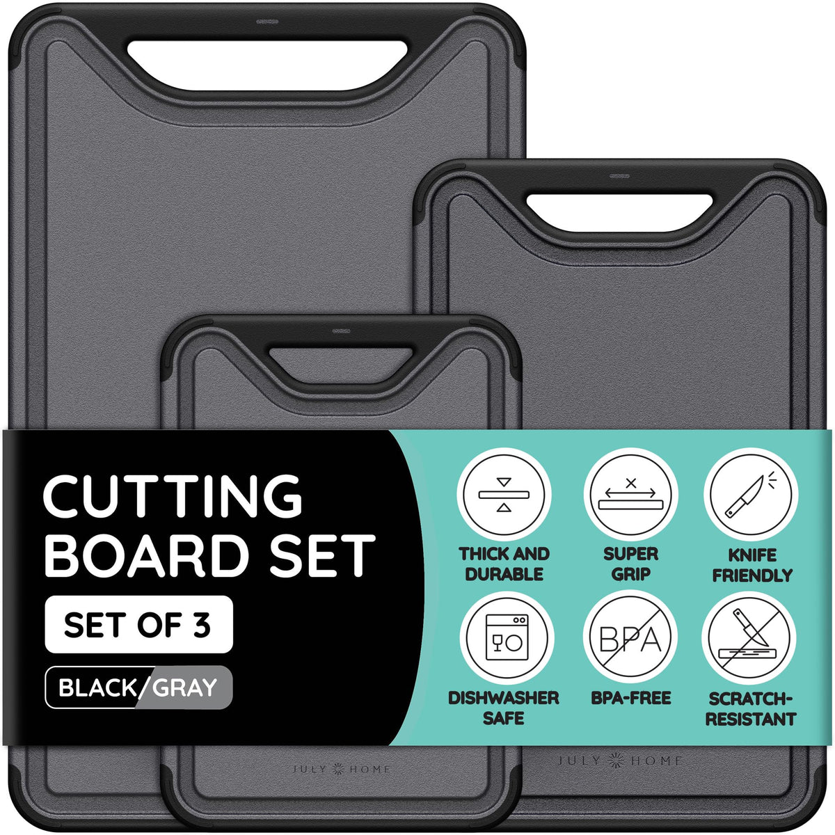 Cutting Boards for Kitchen, Plastic Cutting Board Set of 3, Dishwasher Safe Cutting Boards with Juice Grooves for Meat, Veggies, Fruits, Easy Grip Handle, Serveware Accessories (Gray)
