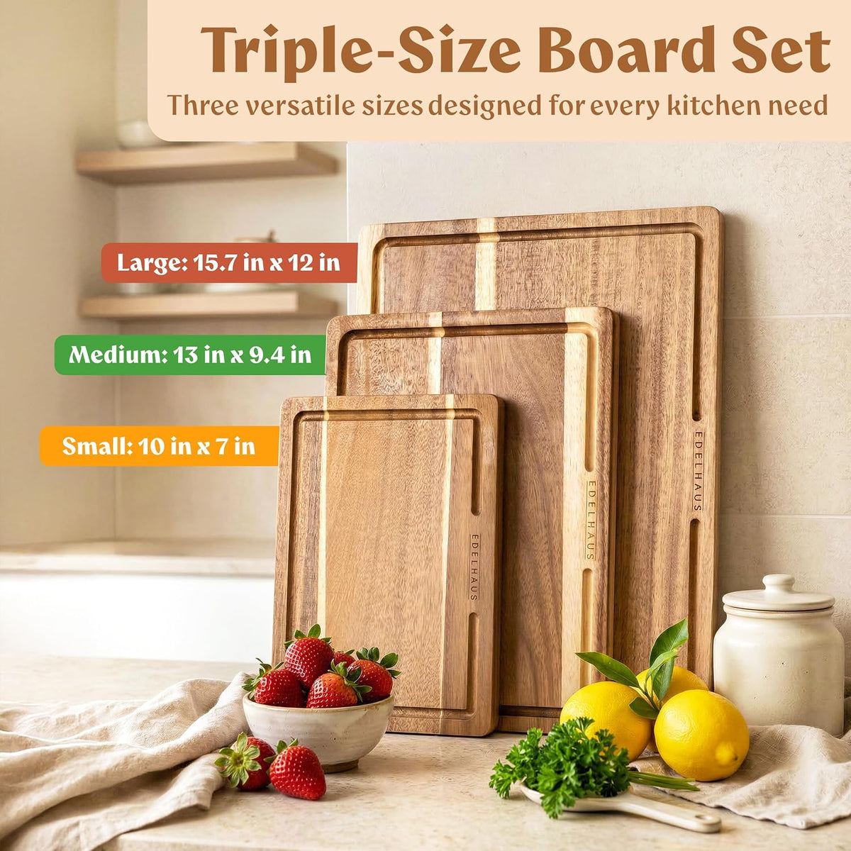 EDELHAUS Acacia Wood Cutting Boards for Kitchen Set of 3, Double sided